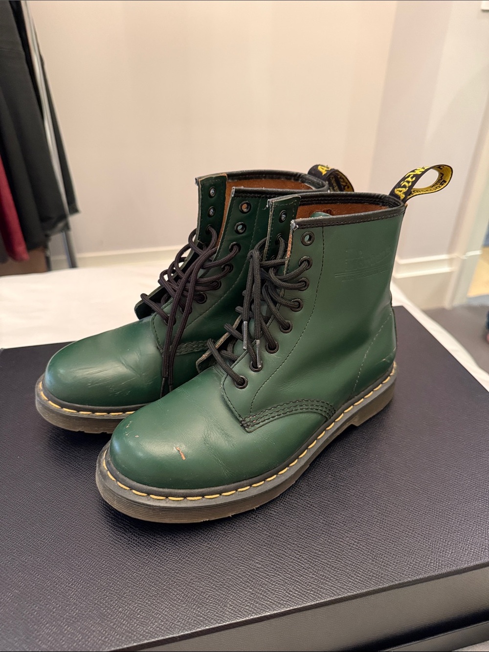 Dr. Martens Men’s Dark Green 8-Eye Leather Boots with Yellow Stitching